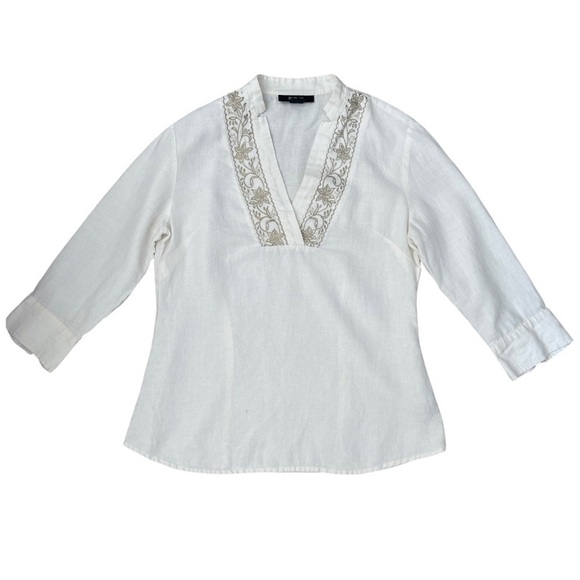 Style & Co. Cream Linen V-Neck Tunic w Gold Floral Embroidered Collar - Size 4 - Picture 1 of 10